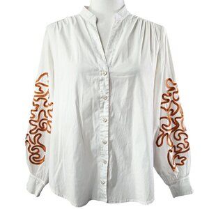 Chico's White Poplin Split Neck Button-Up Shirt Embroidered Sleeves Artsy Unique